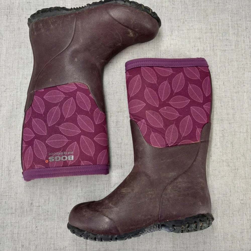 Bogs Kids Rain Boots‎ Purple Leaf Print Burgundy Waterproof Insulated Size 12